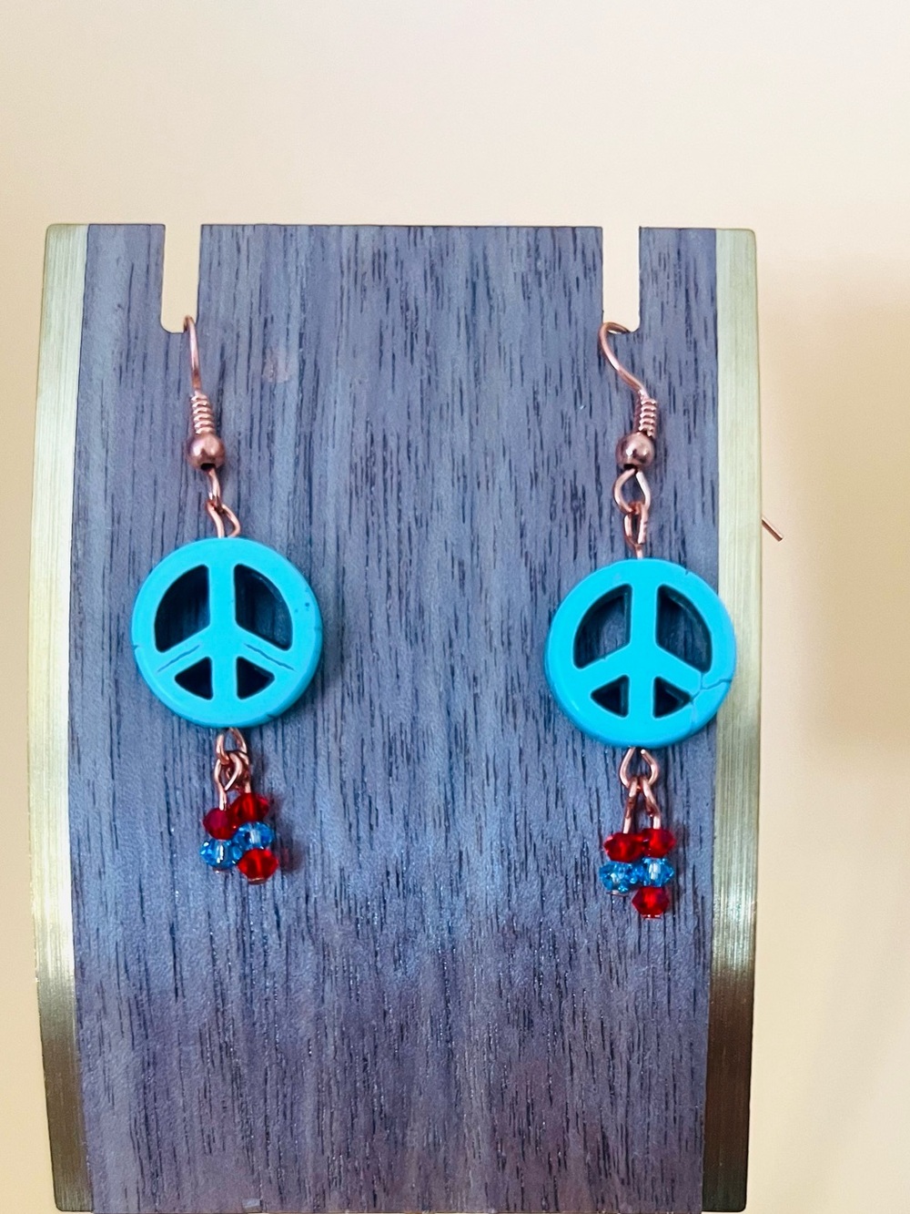 Turquoise Peace Sign Dangle Earrings with Red & Blue Beads